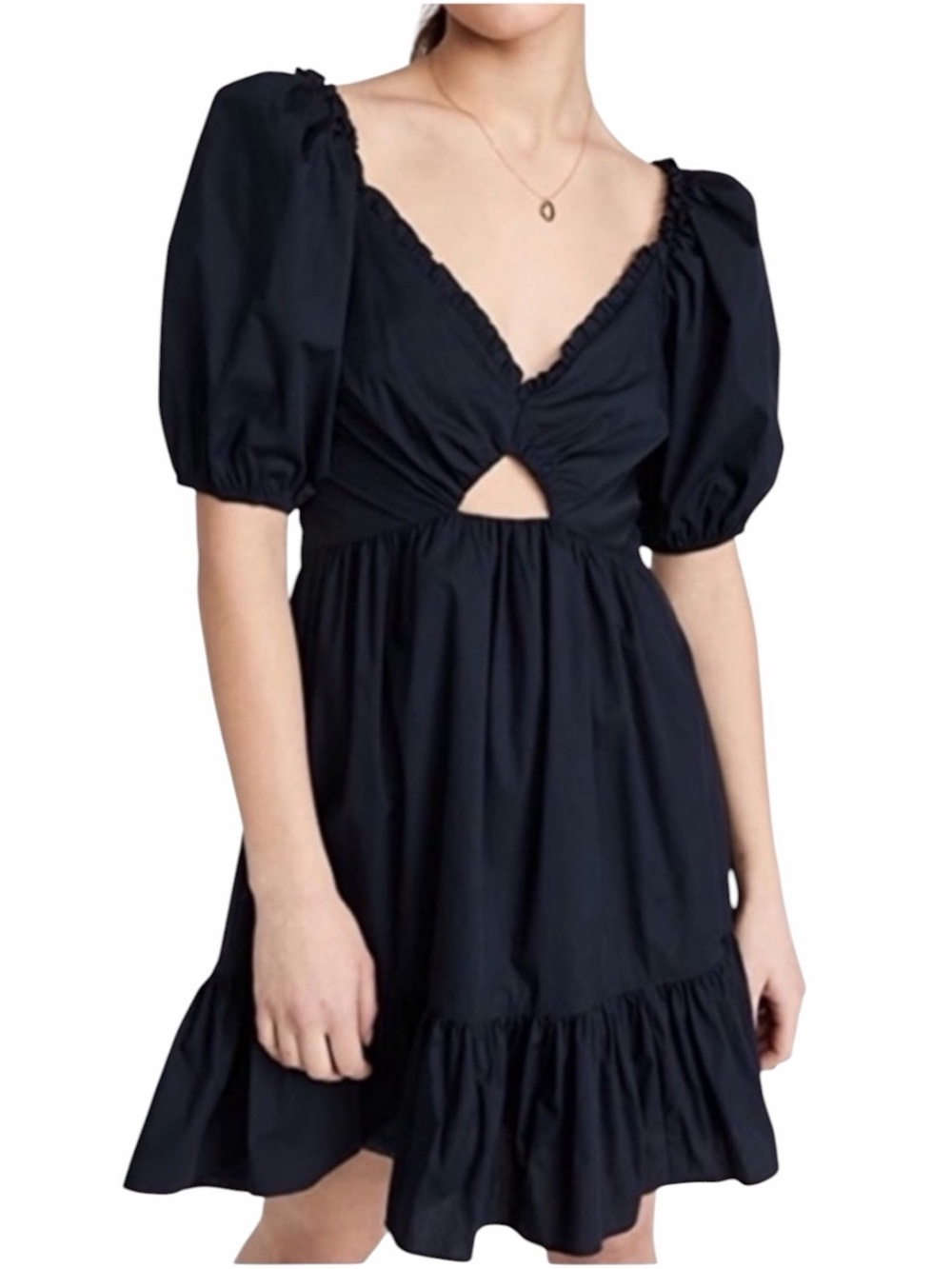 cinq a sept Black Puff-Sleeve Cutout Mini Dress with Ruffle Hem